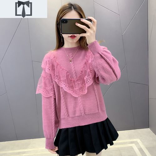 suntek气质显瘦洋气纯色蕾丝拼接麻花套头针织衫女装毛衣秋冬季新款