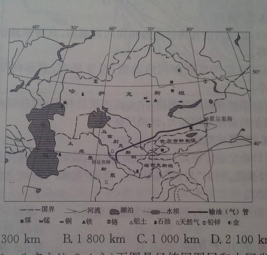 下图中所示中国——中亚天然气管道长度约为(sin45=0.71)