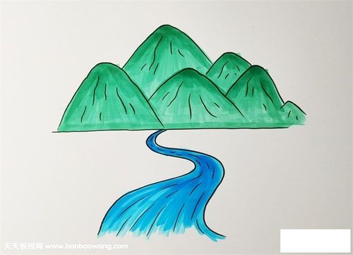 4,现在来给河流涂色吧,我们给河流涂上蓝色,先涂一层浅蓝色,再涂一