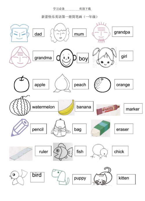 天津小学一年级的上册的新蕾快乐英语第一册简笔画.doc 2页