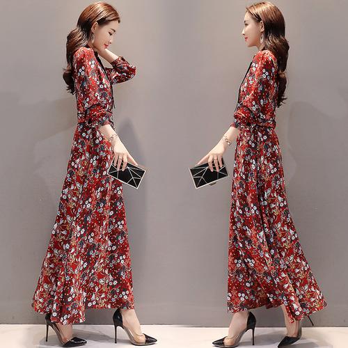 os长袖连衣裙女20221秋装新款女装韩版修身显瘦碎花裙子红色雪纺长裙