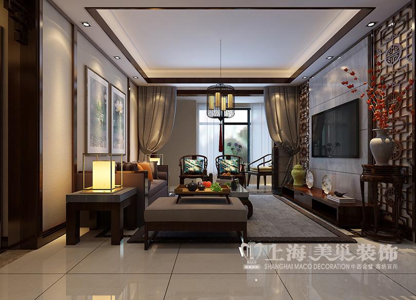 郡临天下143平三室两厅新中式装修效果图——客厅全景效果图