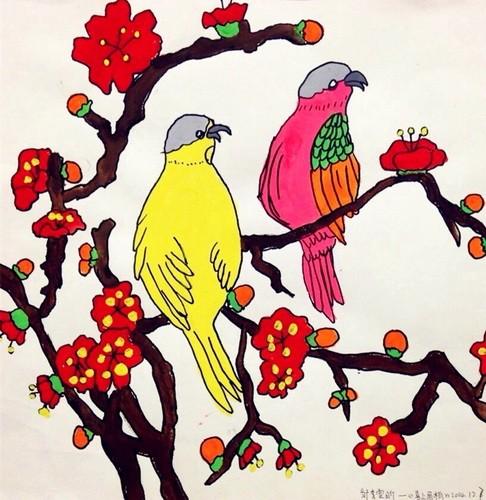 金奖水粉画-《喜上眉梢》