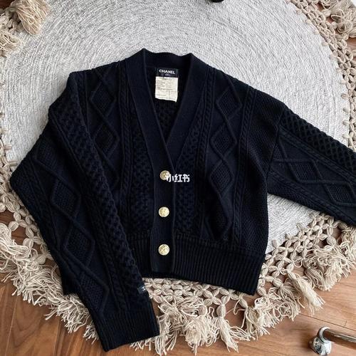 vintage复古古着穿搭 chanel黑色毛衣 纯羊毛 实物分量十足_vintage