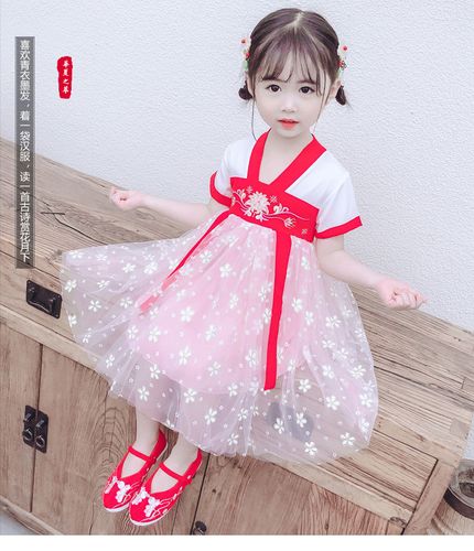 女童汉服连衣裙女宝宝超仙国风唐装古装中国风小童装洋气夏装襦裙红色