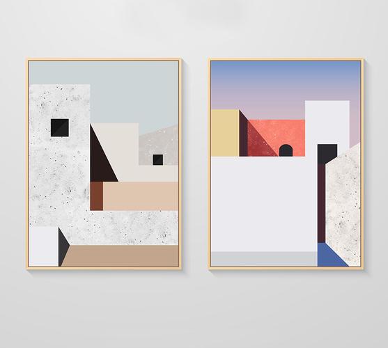 北欧现代简约清新风景无框画抽象油画客厅几何构成卧室装饰画