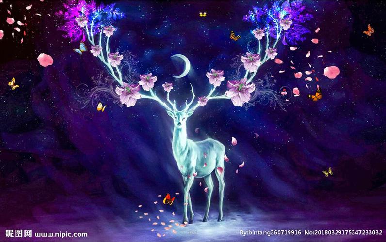梦幻星空下的鹿背景墙壁画图片
