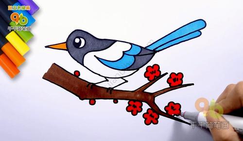 喜鹊简笔画:喜迎春风暖融融,鹊鸣吱吱笑稚童