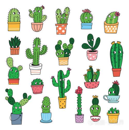 一套可爱的仙人掌卡通, 矢量插画