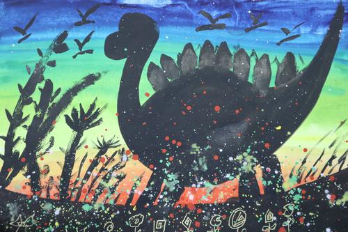 儿童水粉画《恐龙世界》