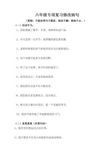 小学六年级语文各种类型修改病句练习