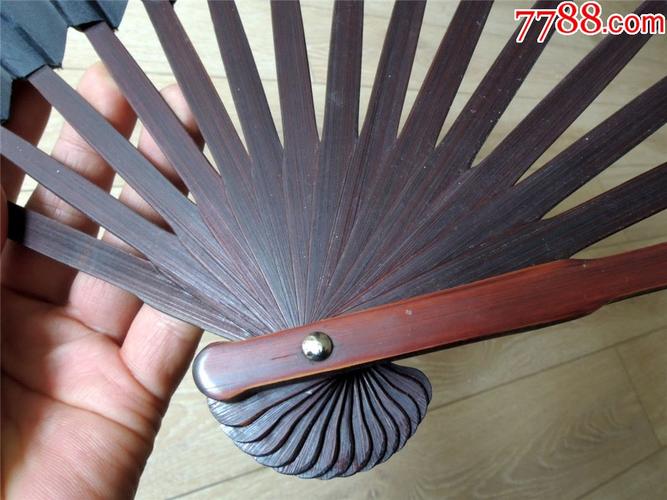 怀旧收藏2005-80年代老竹扇骨绸布印诗词兰亭序大号折扇33cm