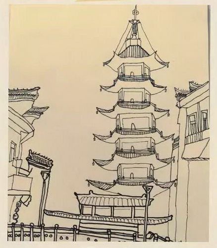 少儿书画作品-宁波天封塔写生/儿童书画作品宁波天封