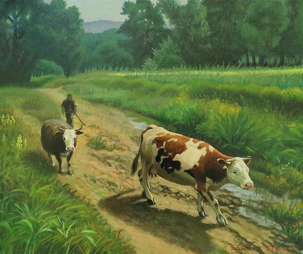 《回眸》布面油画50×60cm作于2021年08《三牛图》布面油画50×60cm作