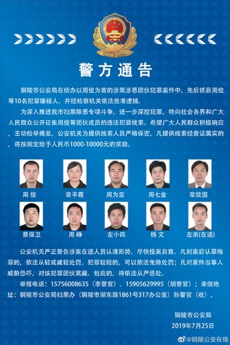 铜陵警方公开征集以周俊为首的涉黑涉恶犯罪团伙违法犯罪线索