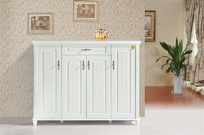 曼琴家具 欧式客厅实木雕花鞋柜 法式田园描红双门双抽鞋柜组装