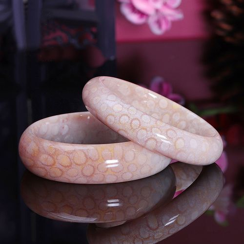 原创设计冰种晶洞宽版珊瑚玉手镯印尼菊花石天然窄边细条手镯直播