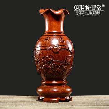 花梨木雕装饰花瓶摆件客厅插花家居中式大号实木雕刻红木工艺品 手工
