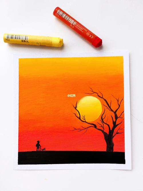 油画棒风景 黄昏·老人与狗_夕阳_油画棒_风景_彩铅画