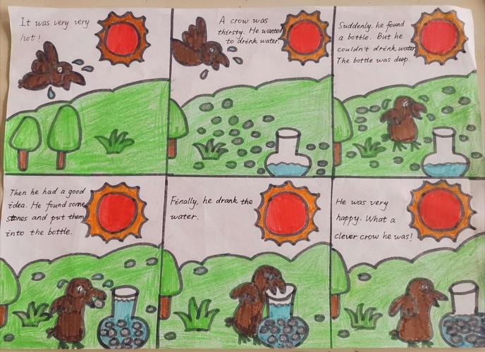 六年级一班范冰冰同学根据自己的理解,将这个故事画成了英语绘本