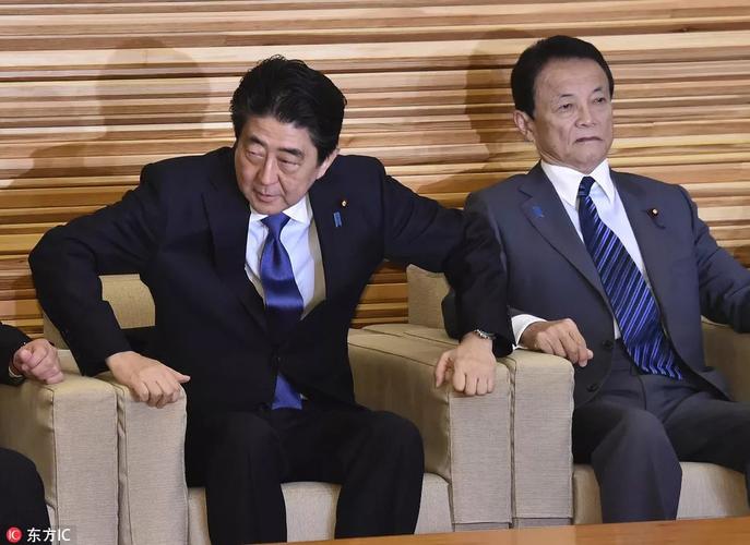 日本东京,日本首相安倍晋三与财务相麻生太郎出席内阁会议.