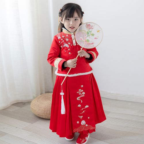 女童拜年服中国风红色过年衣服小女孩马面裙超仙宝宝汉服儿童唐装