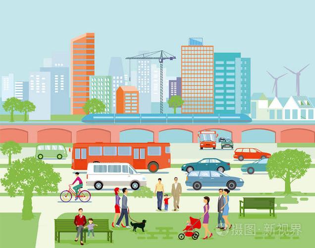 与道路交通及行人的大城市全景插画-正版商用图片0q4wk4-摄图新视界