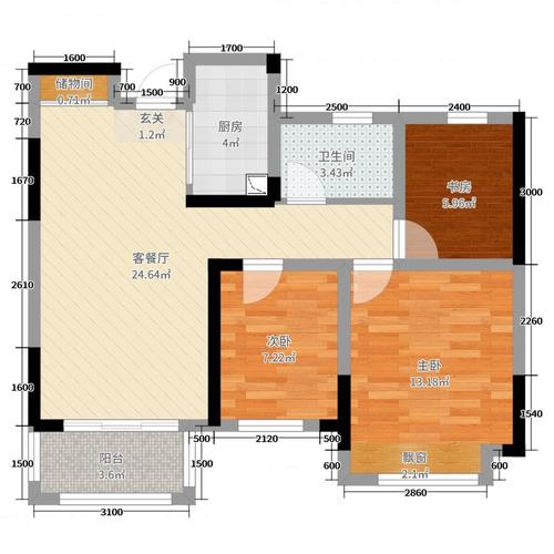 春藤小镇3室2厅1卫1厨89.00㎡户型图