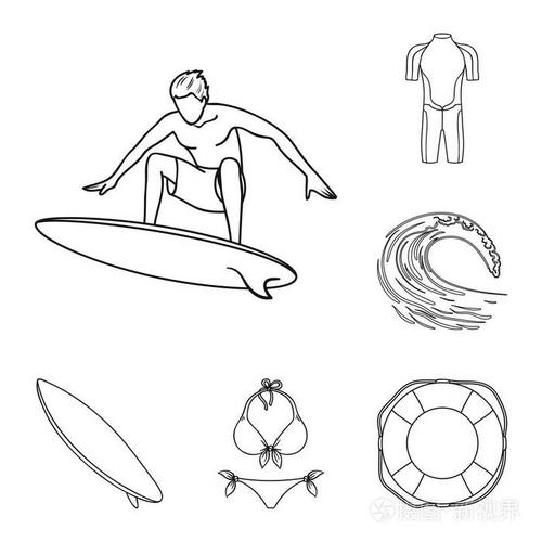 冲浪和极端轮廓图标集合中的设计.冲浪者和附件矢量符号股票网站插图