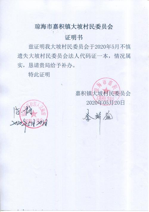 嘉积镇大坡村民委员会证明书