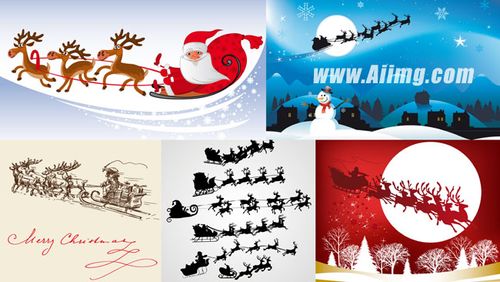 圣诞老人驯鹿雪橇剪影矢量素材