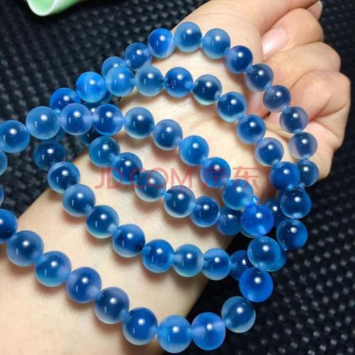 天然蓝糖心玛瑙圆珠手链 女款水晶手串礼物 蓝色蓝沁冰透水润 约8mm