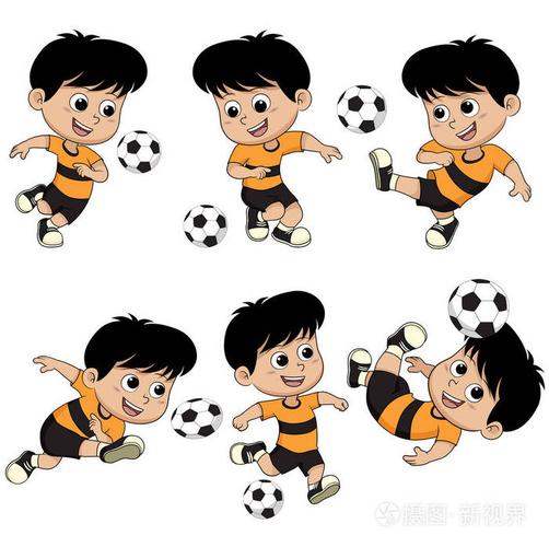 孩子与不同姿势的卡通足球运动员