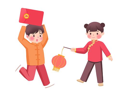 彩色手绘卡通新年春节习俗拜年儿童福娃小孩女孩提灯笼男孩拿红包人物