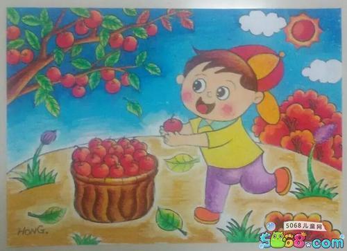 摘苹果秋天儿童画教师范画
