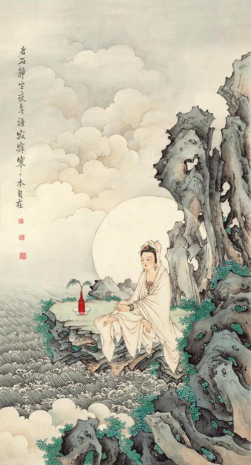 观音菩萨佛像夏荆山60x111名画绢丝微喷装饰国画国画