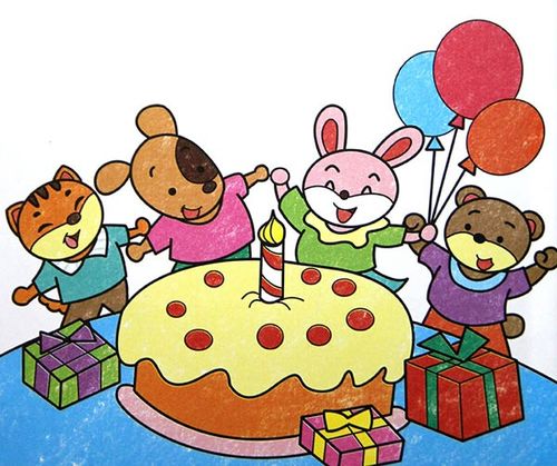 幼儿油棒画图片:兔子的一岁生日