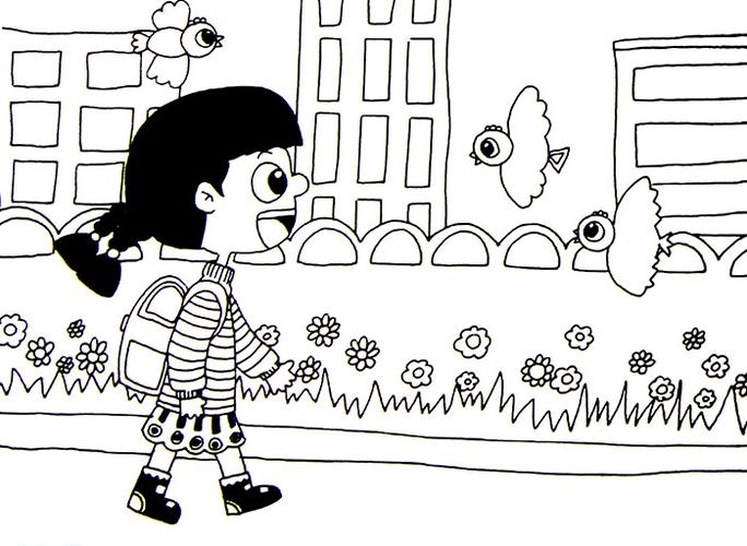 小学生线描画作品上学喽2