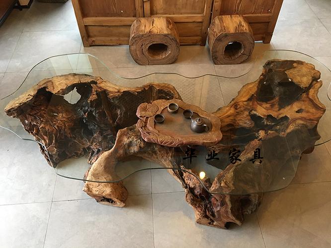 根雕茶几整体树根茶台老香樟木茶艺桌会客桌天然风化个姓创意茶几