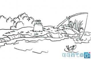 站在河岸看远山简笔画