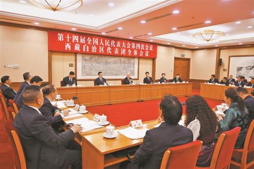 摄3月5日下午,十四届全国人大四次会议西藏代表团举行全体会议,集中