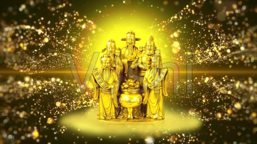 五路财神金身立像-金光金色粒子背景_1920x1080_高清