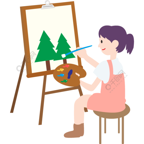 画画的女孩卡通矢量扁平风绘画卡通人物美术辅导班png素材