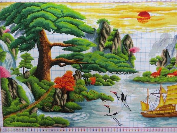 2009 纯手工绣好的十字绣成品迎客松财运版礼物礼品 低价办公室大画