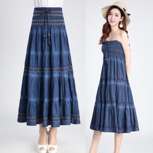 夏季半身裙子民族风牛仔长裙松紧高腰大摆百褶裙两穿抹胸连衣裙女