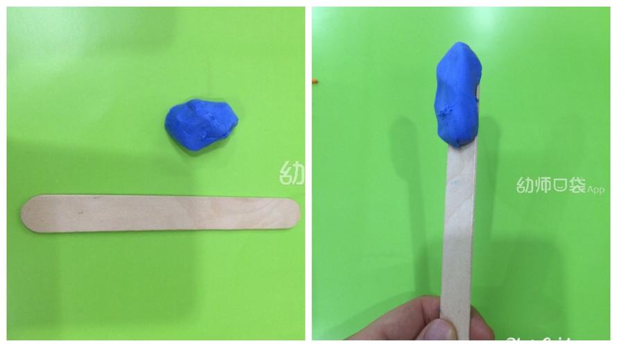 1.取出超轻粘土,将粘土粘在雪糕棒的一端,模仿挤出来的牙膏.