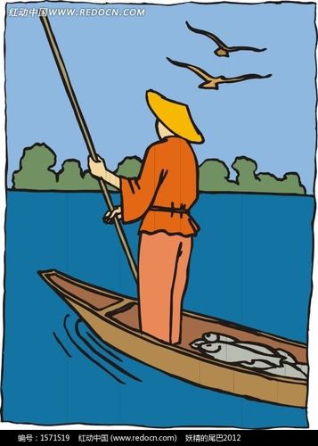 手绘站在船头撑船的人