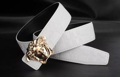 新款男士瓦萨其圆扣橙色皮带 时尚镂空印花男款真皮裤腰带包邮 潮