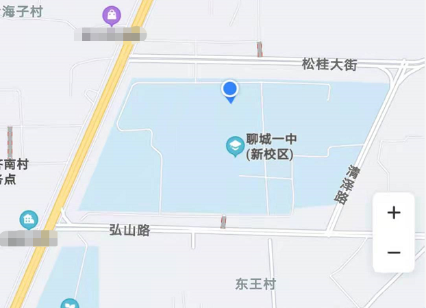 聊城一中新校区位于昌润南路东侧,北距湖南路和昌润路十字路口2.
