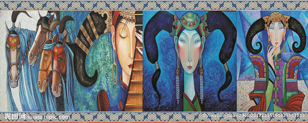 手绘艺术蒙古族琵琶酒店壁画图片